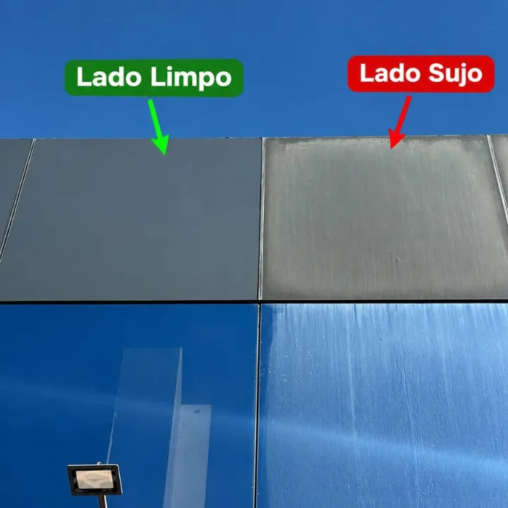 Fachada azul mostrando lado limpo e lado sujo lado a lado
